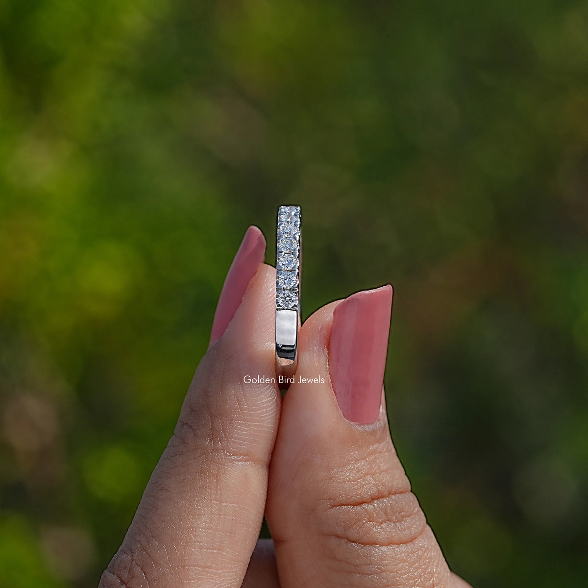 Side View Of Lab Diamond Round Five Stone Halo Band