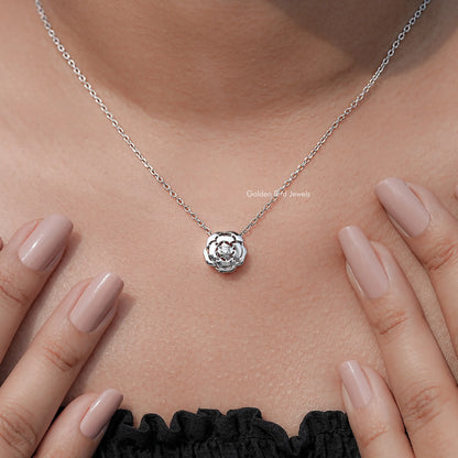 detailed view of Round Lab Diamond Floral Solitaire Pendant