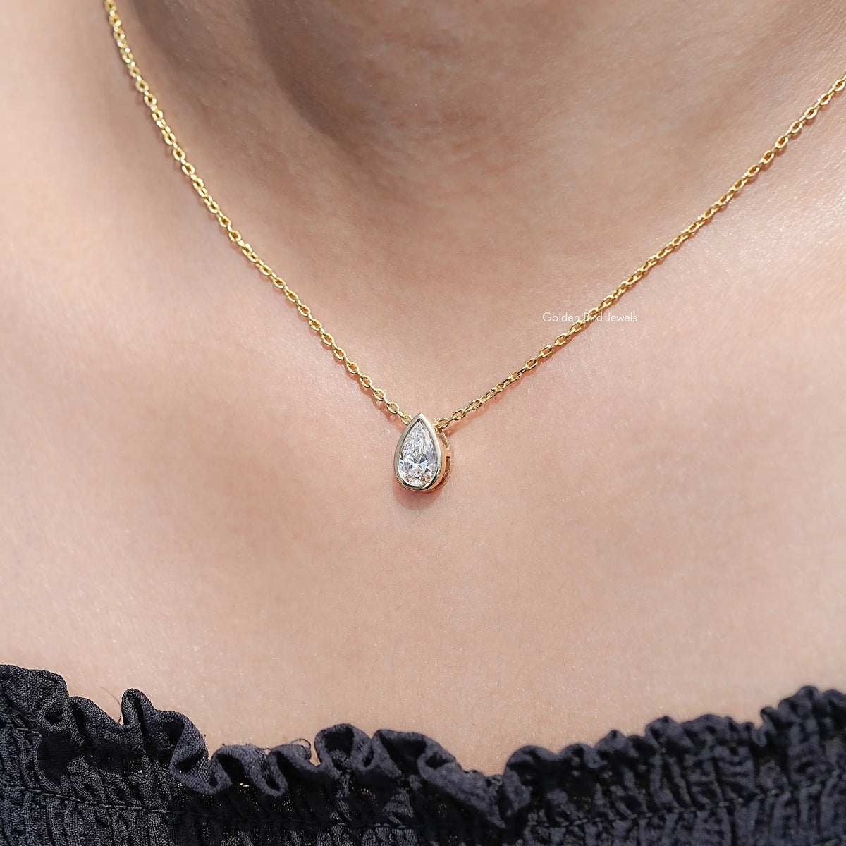 neck View of Pear Cut Lab Diamond Bezel Set Solitaire Pendant