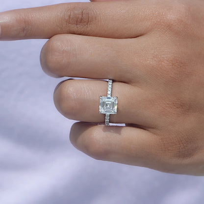 White Gold Emerald Cut Diamond Ring in prong setting 
