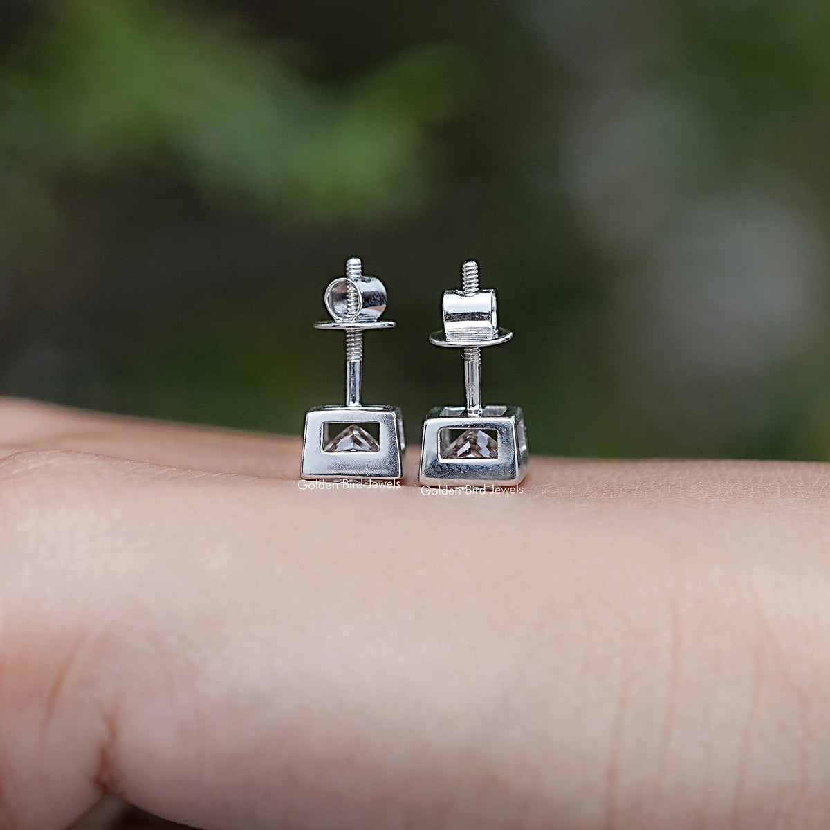 Back View of Princess Diamond Bezel Set Stud Earrings in screw back