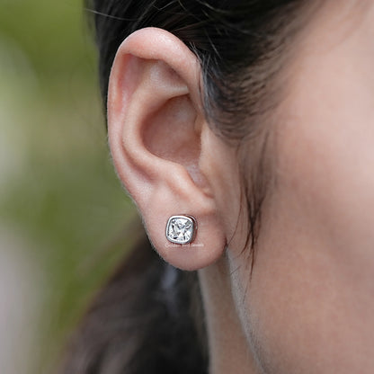 Side View of Square Old Mine Cushion Stud Bridal Earrings