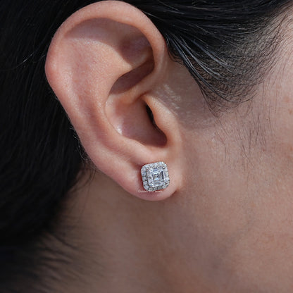 Front view of asscher shaped diamond stud earrings