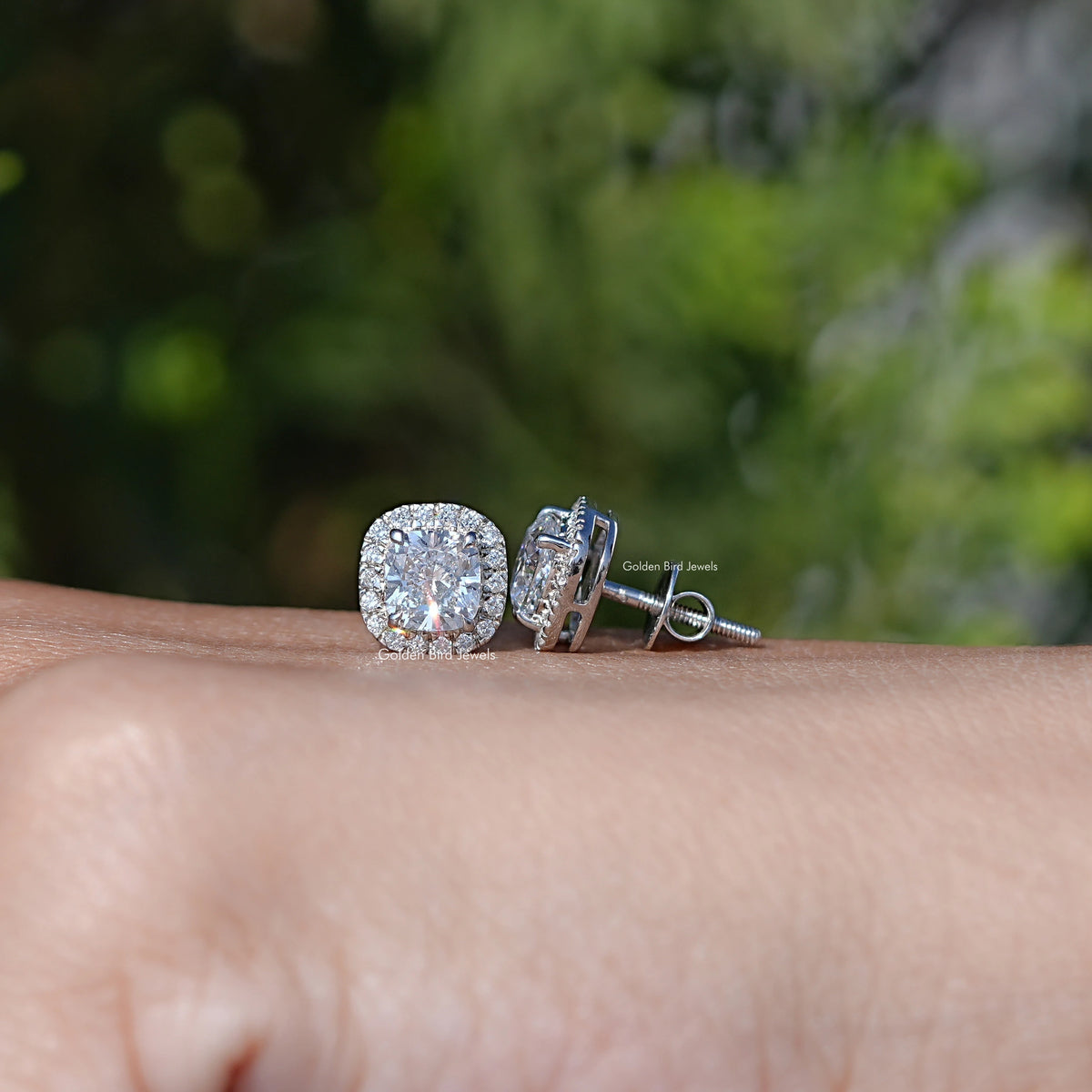 Front And Back Side View Of solitaire stud earrings crafted in lab diamond 	
