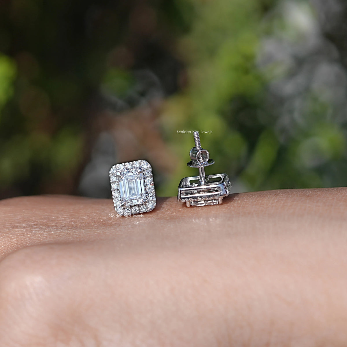 Front And Back Side View Of Diamond Solitaire Stud Earrings In White Gold