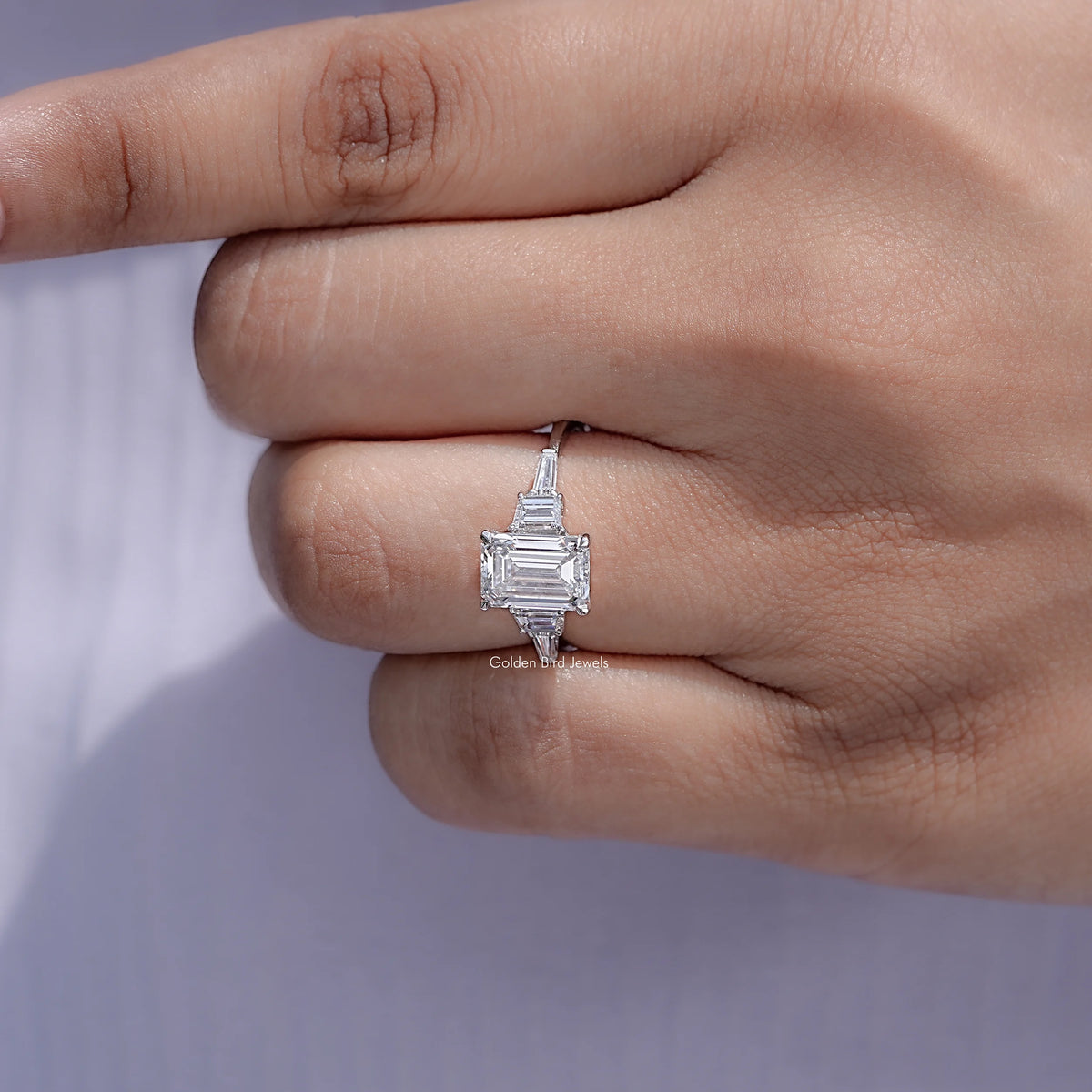 Display view of Emerald And Tapered Baguette Lab Diamond Ring