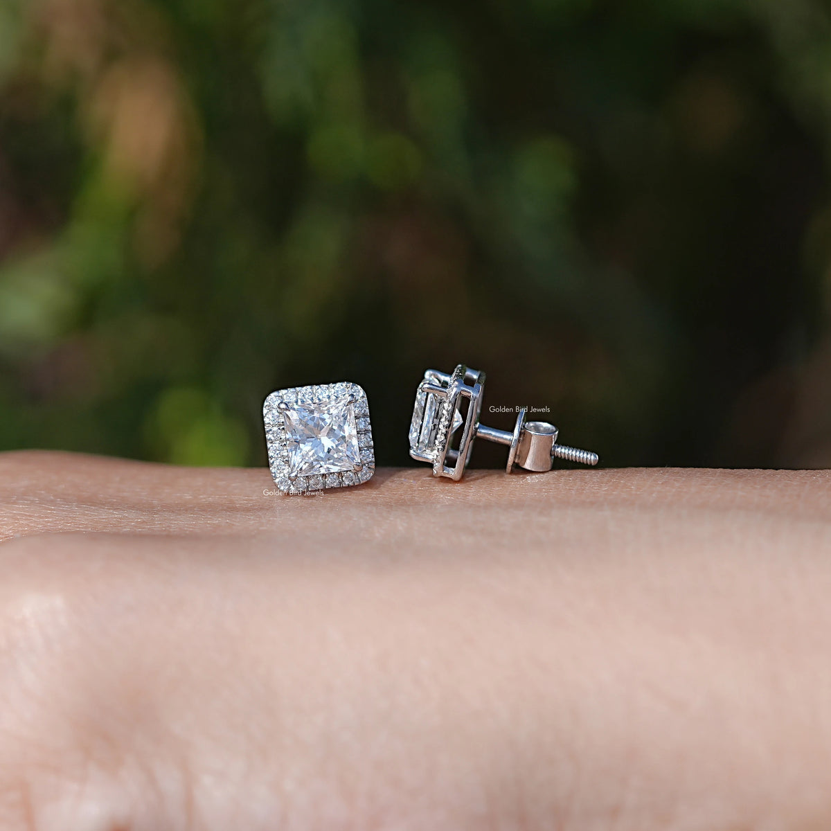 Front And Back Side View Princess Cut Diamond Stud Earrings In White Gold