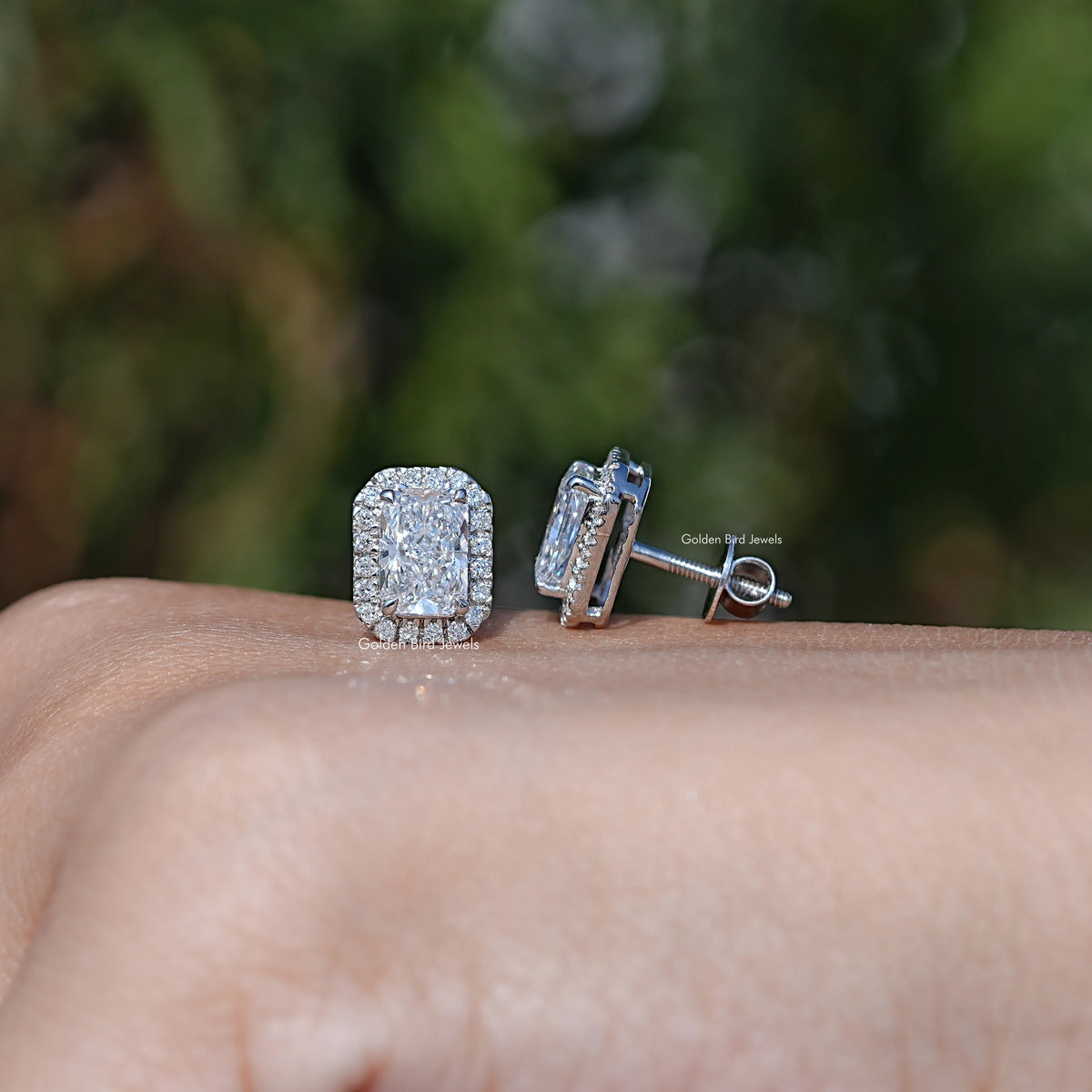 Front And Back Side View Of solitaire stud earrings crafted In White Gold
