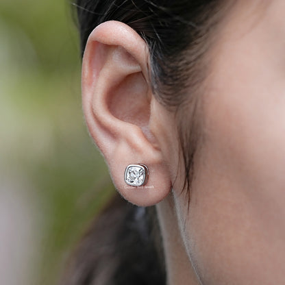In Ear View of Square Old Mine Cushion Lab Diamond Stud Earrings