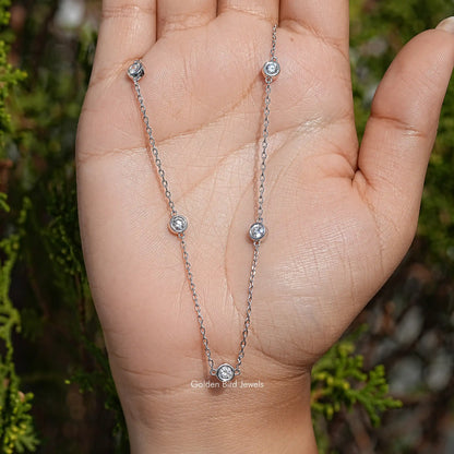 Silver round lab diamond pendant station necklace with small bezel stones