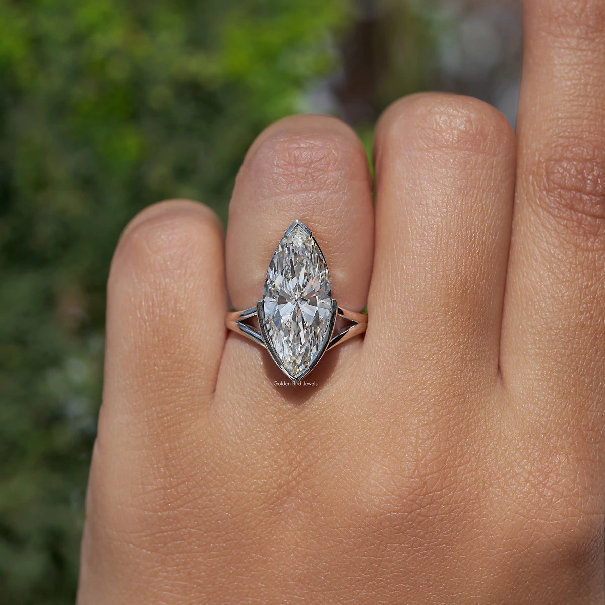 Marquise lab-grown diamond ring, split shank with V-shaped prongs on hand