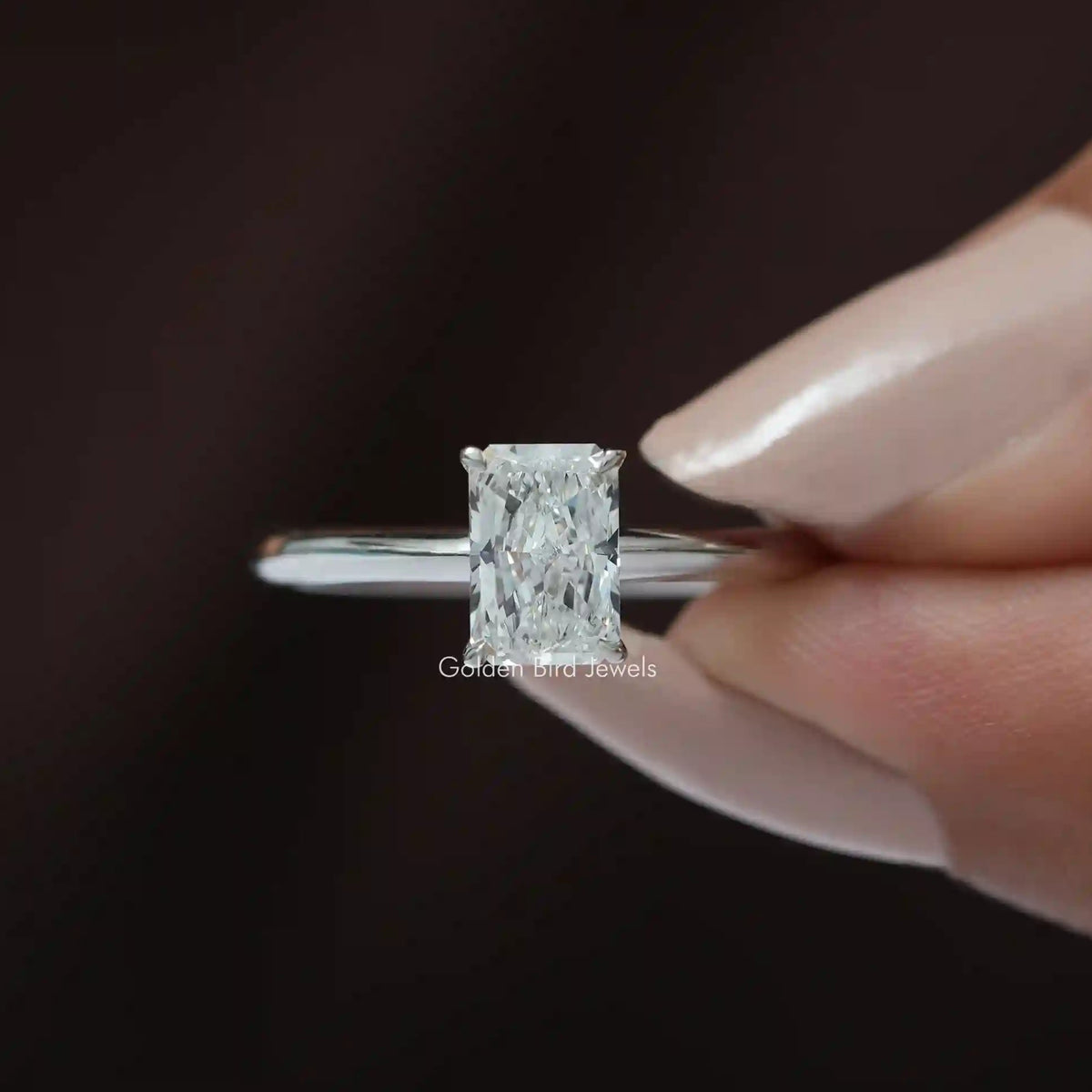 [Front view of lab-grown radiant cut anniversary band]