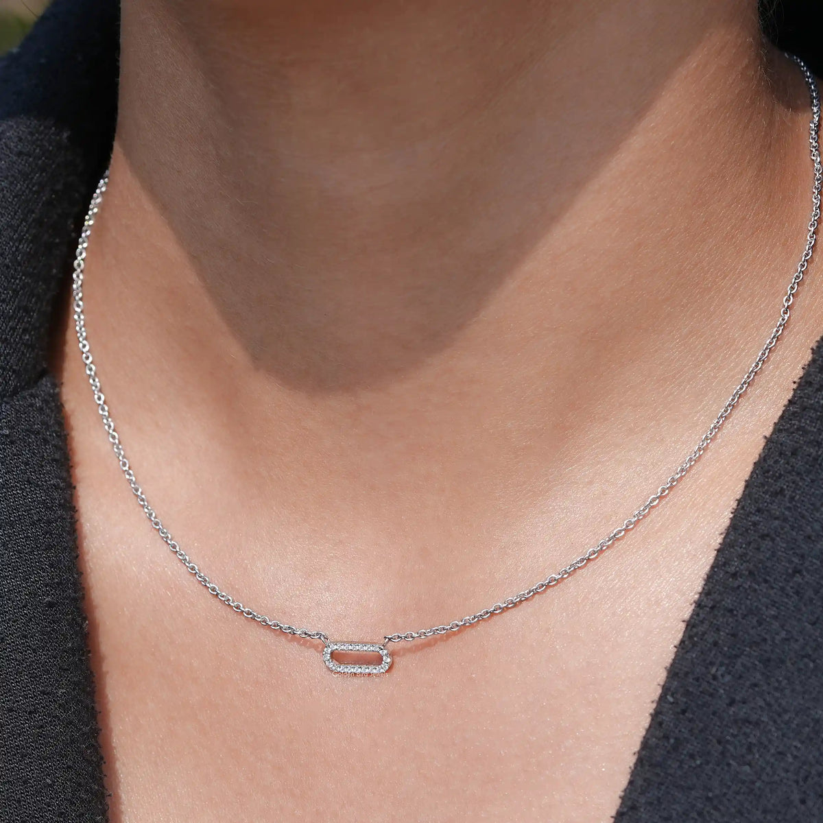 In Neck's View Of Round Cut Paperclip Diamond Pendant In White Gold