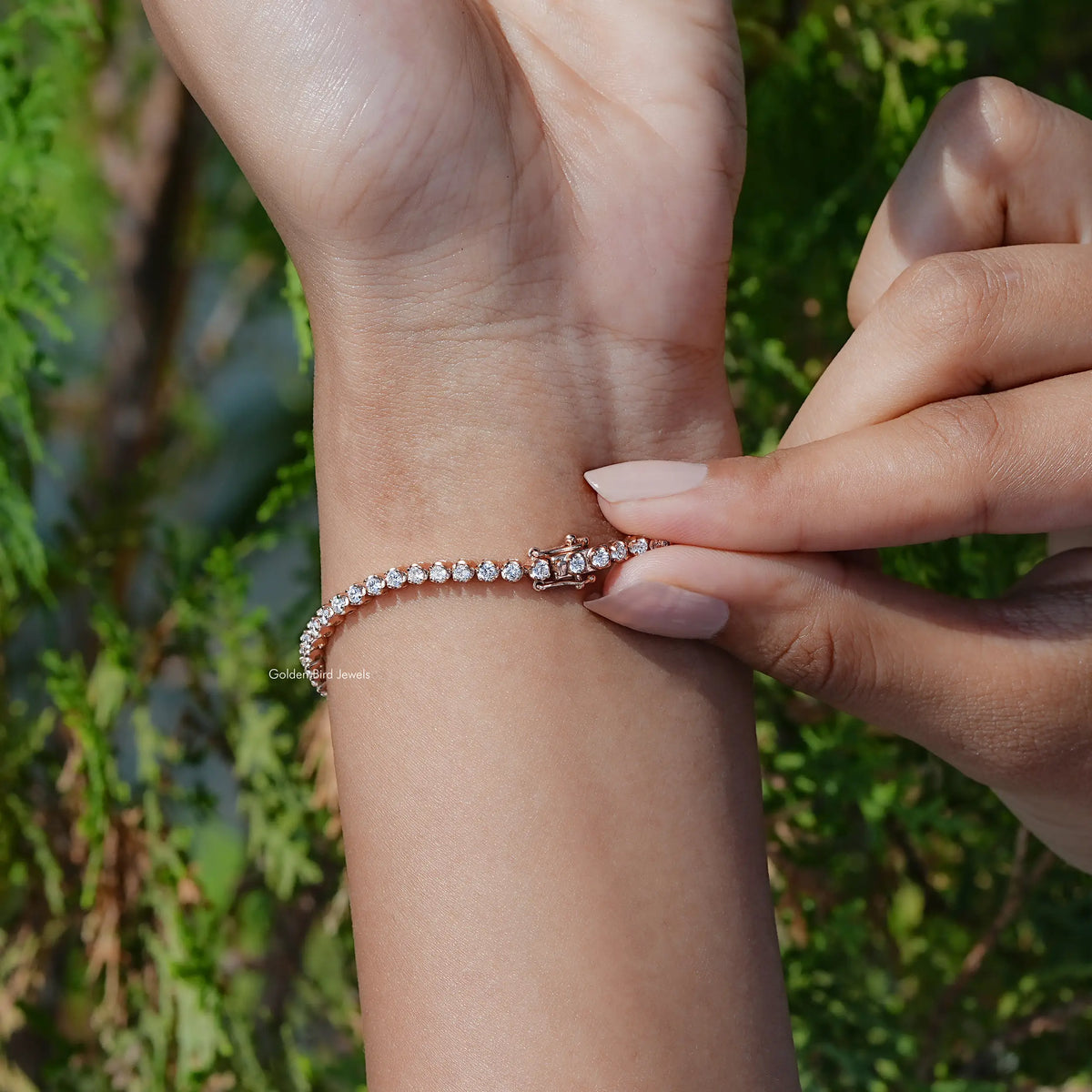 View of Round Cut Lab Diamond Bracelet In Yellow Gold