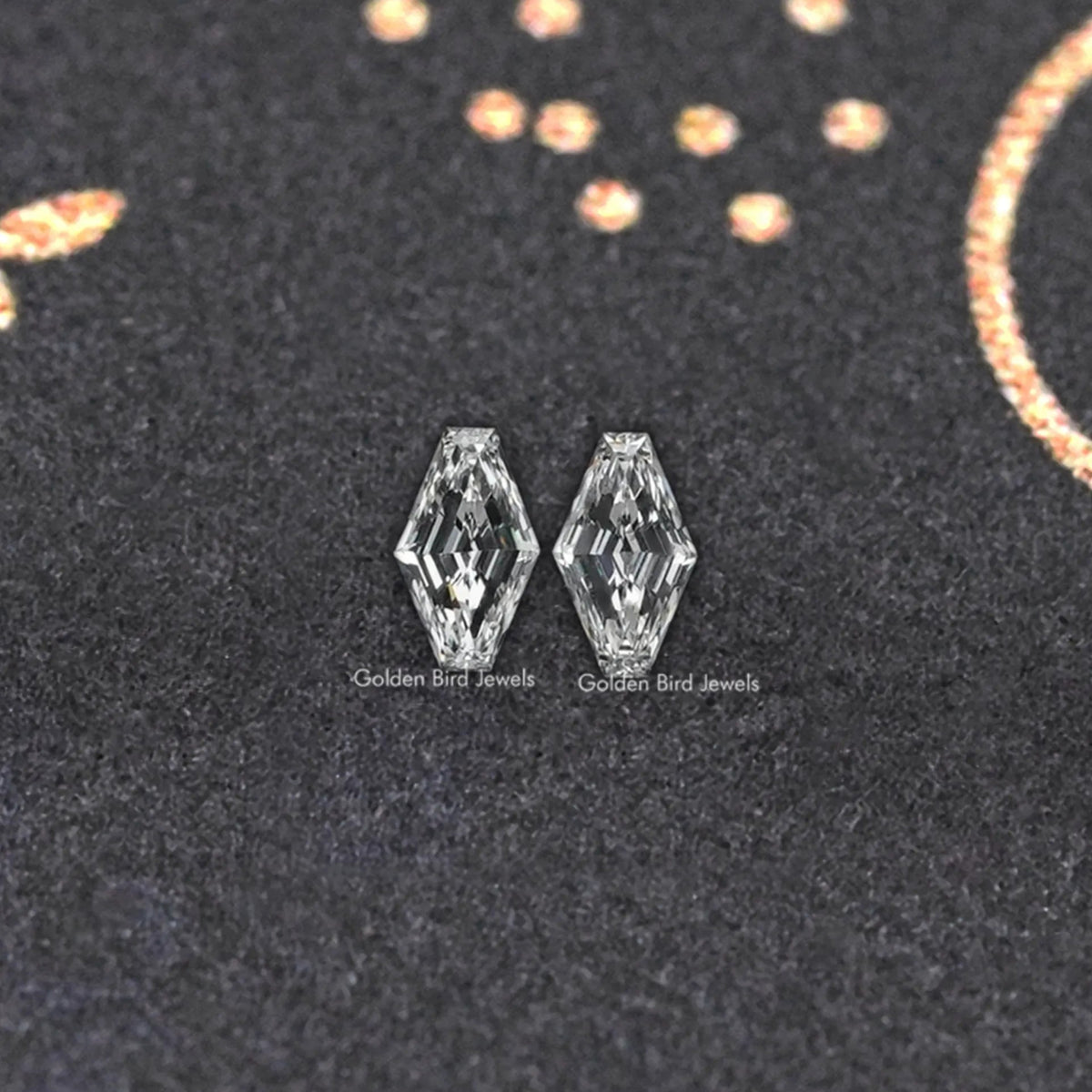 Modified lozenge-cut lab-grown diamond stud earrings, front view with prismatic facets