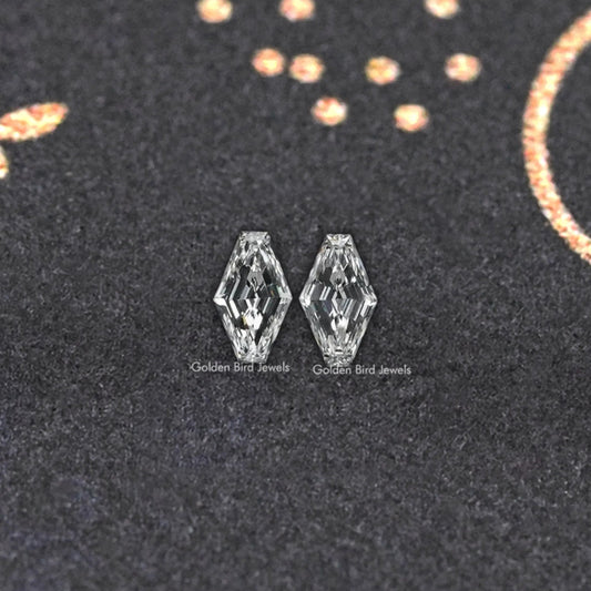 Modified lozenge-cut lab-grown diamond stud earrings, front view with prismatic facets