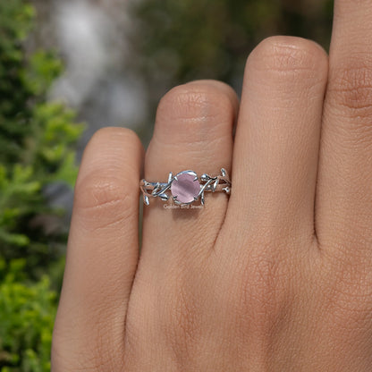 Rose quartz round gemstone solitaire ring, leaf motif in 925 Argentium silver