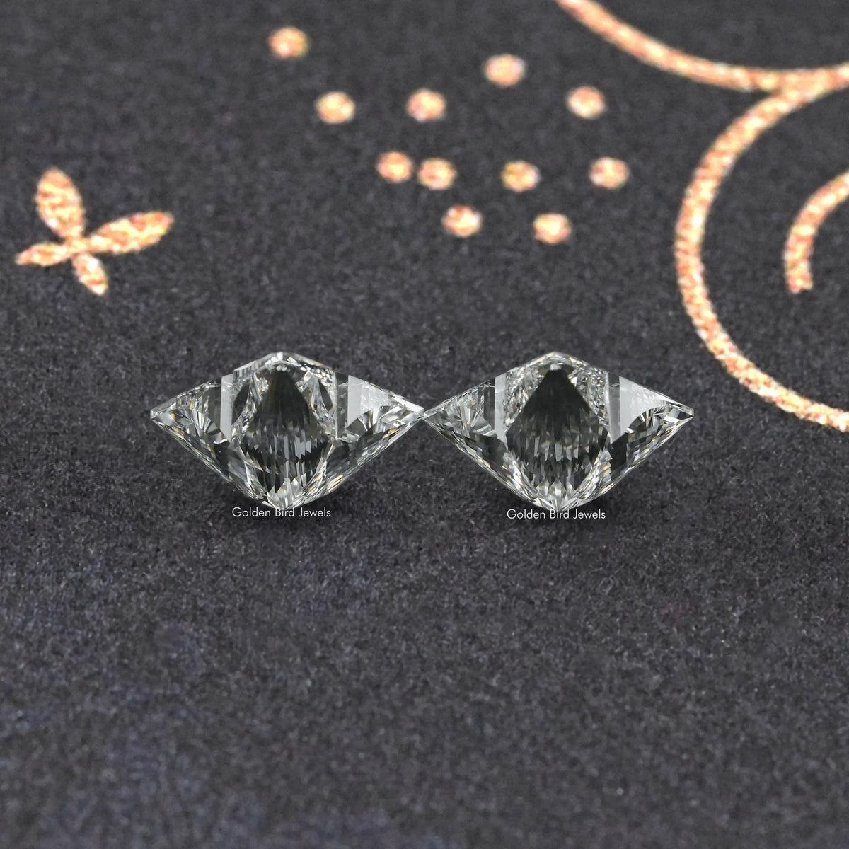 Flower-cut lab-grown diamond stud earrings, centered side view of two square stones