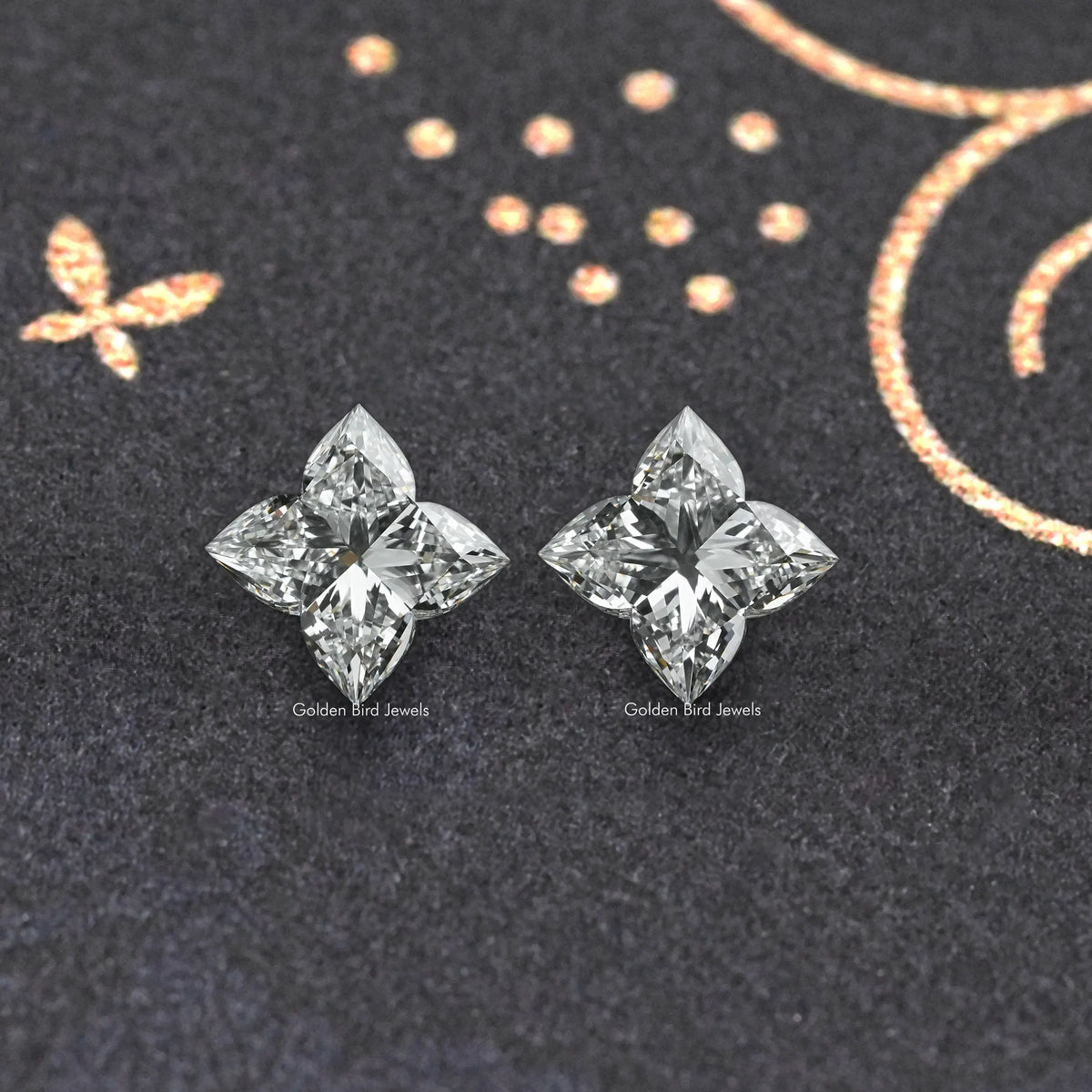 Lab-grown diamond stud earrings, flower-cut square stones, clear sparkle