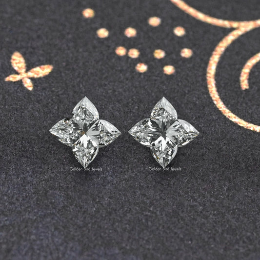 Lab-grown diamond stud earrings, flower-cut square stones, clear sparkle