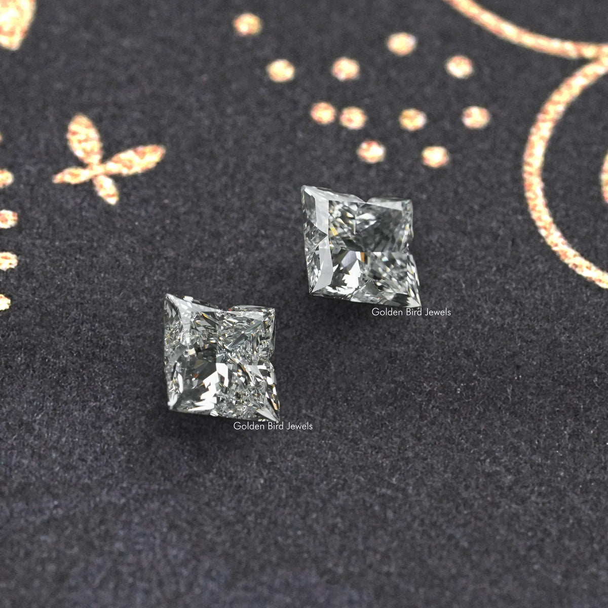 Flower-cut lab-grown diamond stud earrings, two square sparkle stones close-up