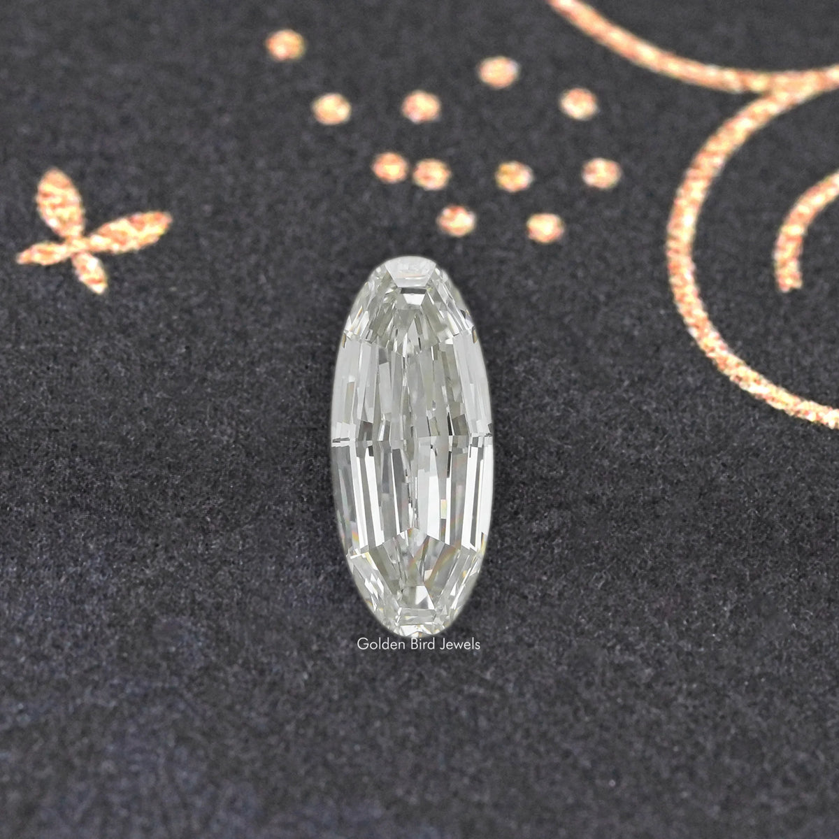 Long oval cut lab-grown diamond with symmetrical, linear facets