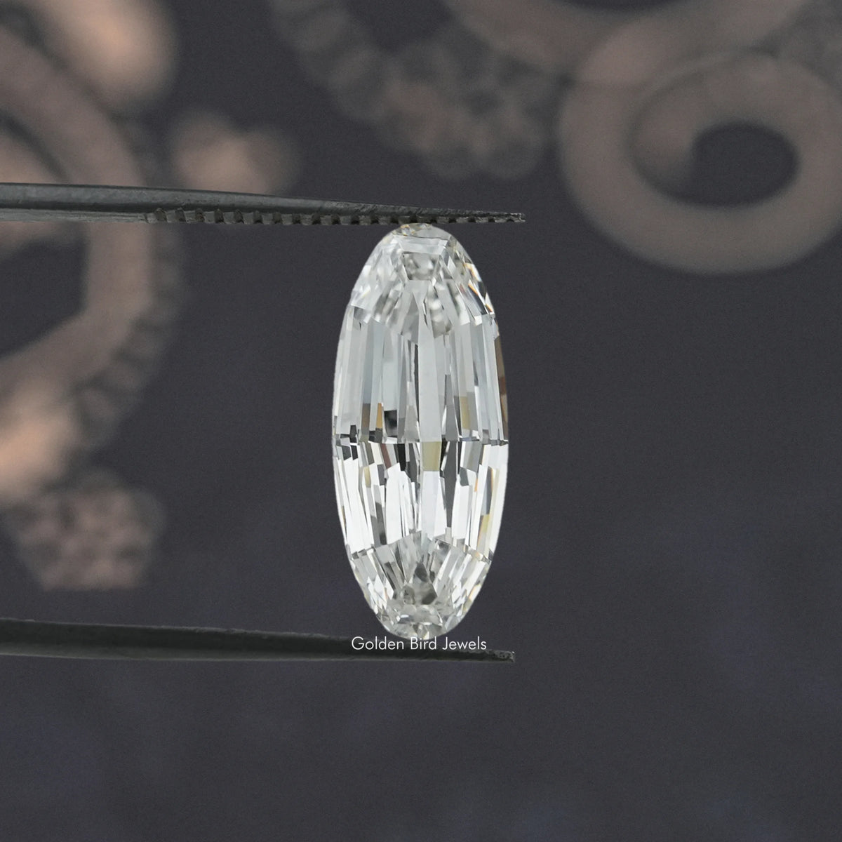 Long oval lab-grown diamond, vertical view with bright faceting
