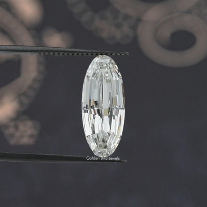 Long oval lab-grown diamond, vertical view with bright faceting