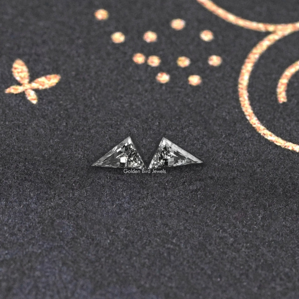 Long triangle lab-cut diamond stud earrings, prong-set, two faceted stones