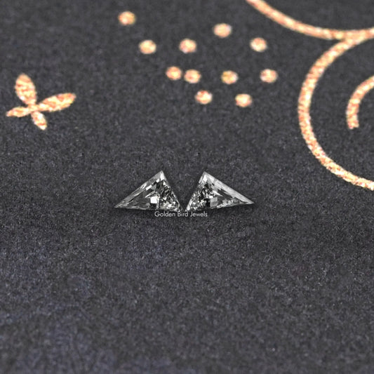 Long triangle lab-cut diamond stud earrings, prong-set, two faceted stones