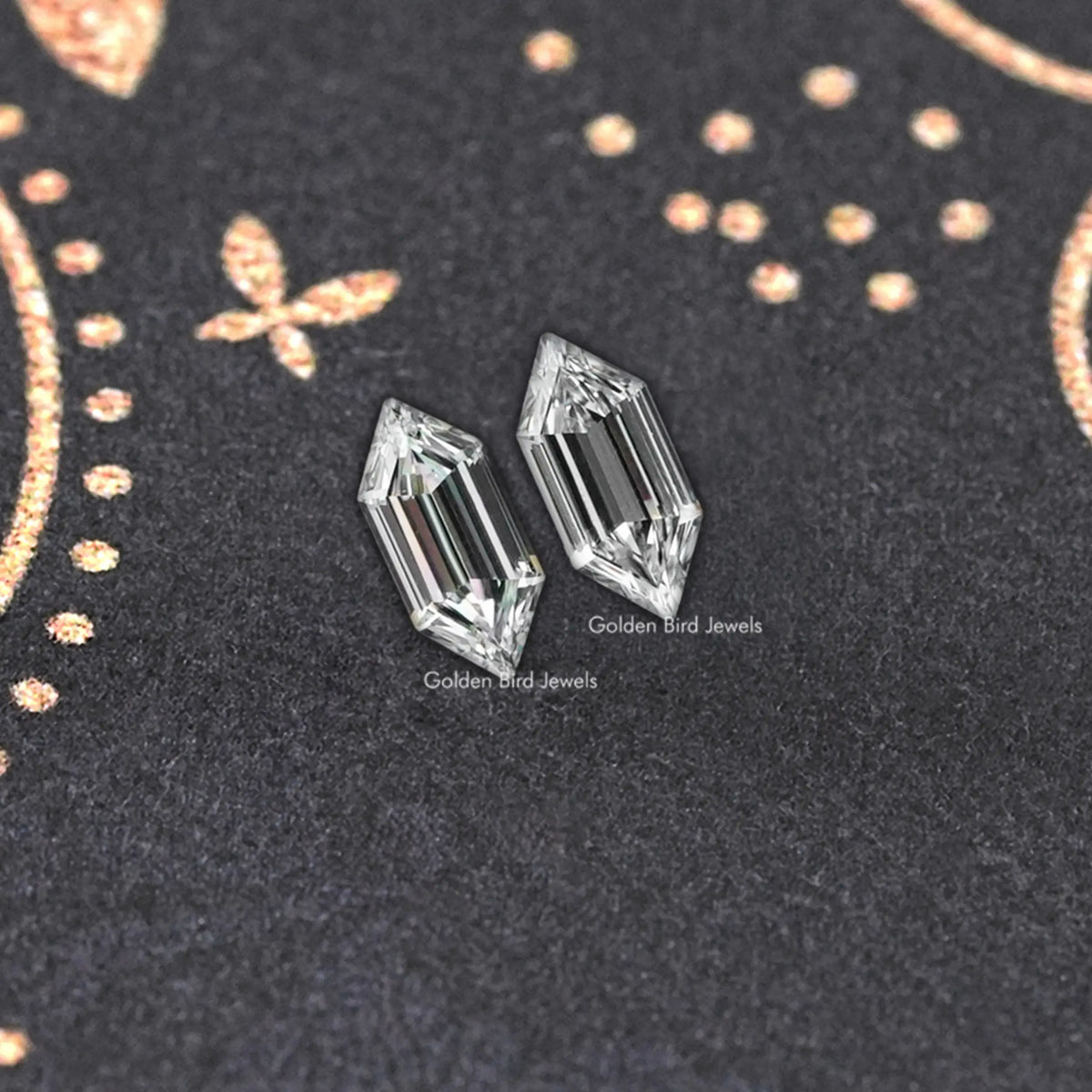 Boat-cut lab-grown diamond stud earrings, angled view of rectangular stones