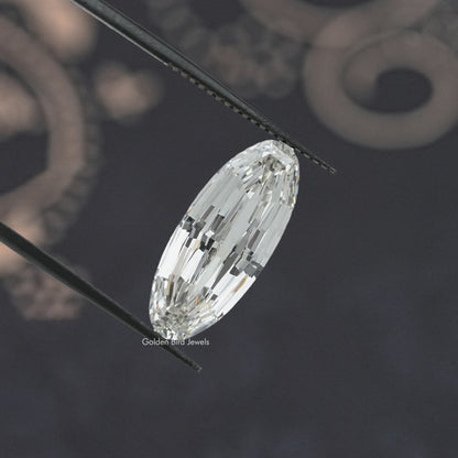 Long oval lab-grown diamond detail on a metal support