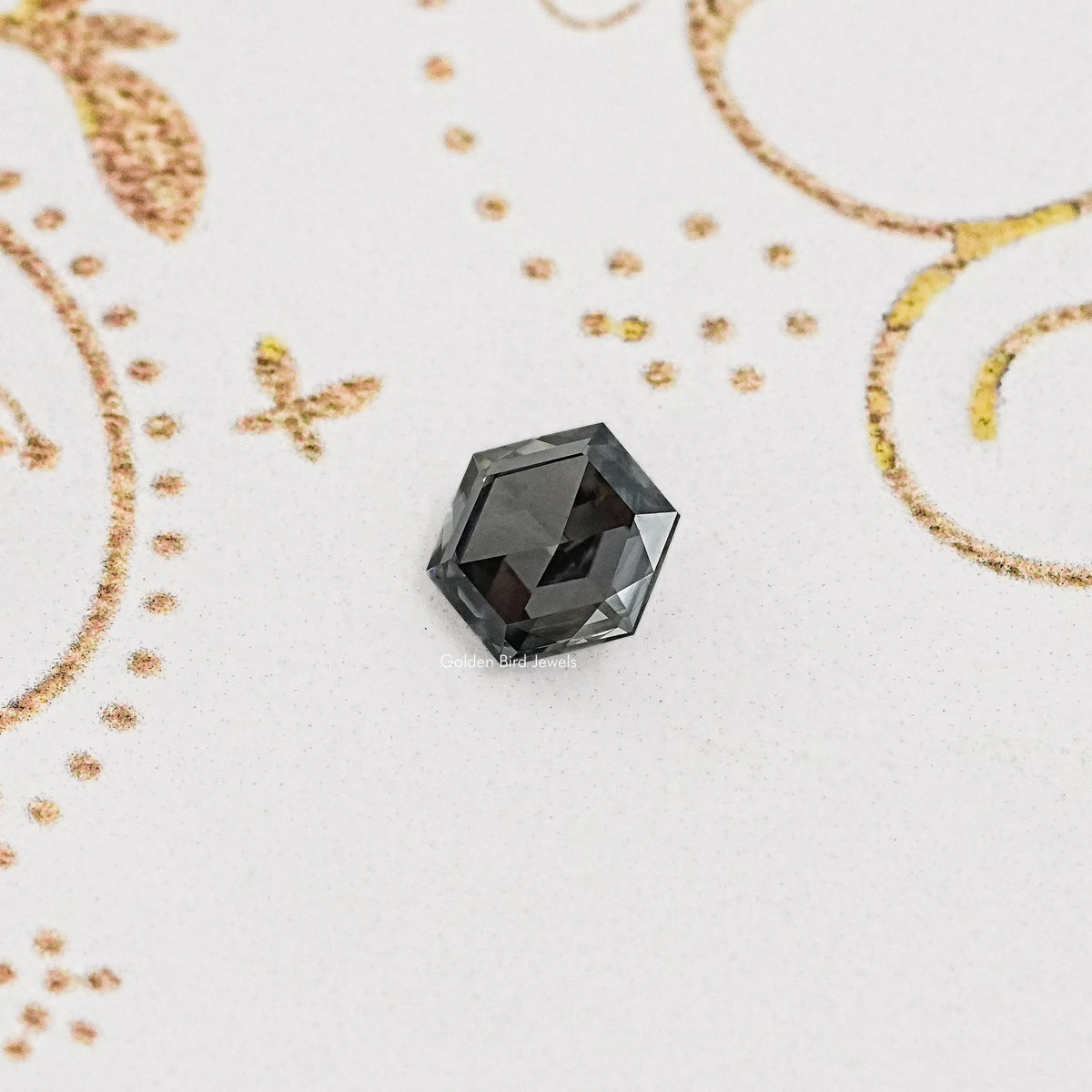 Loose gray hexagon-cut moissanite gemstone, multi-faceted dark sparkle