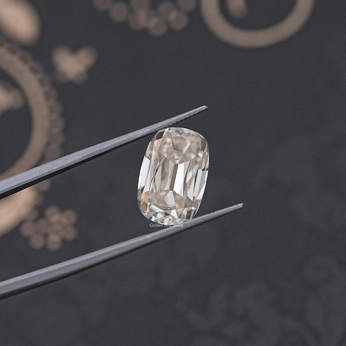 tweezers  View of Cushion Cut Old Mine Style Loose Moissanite 