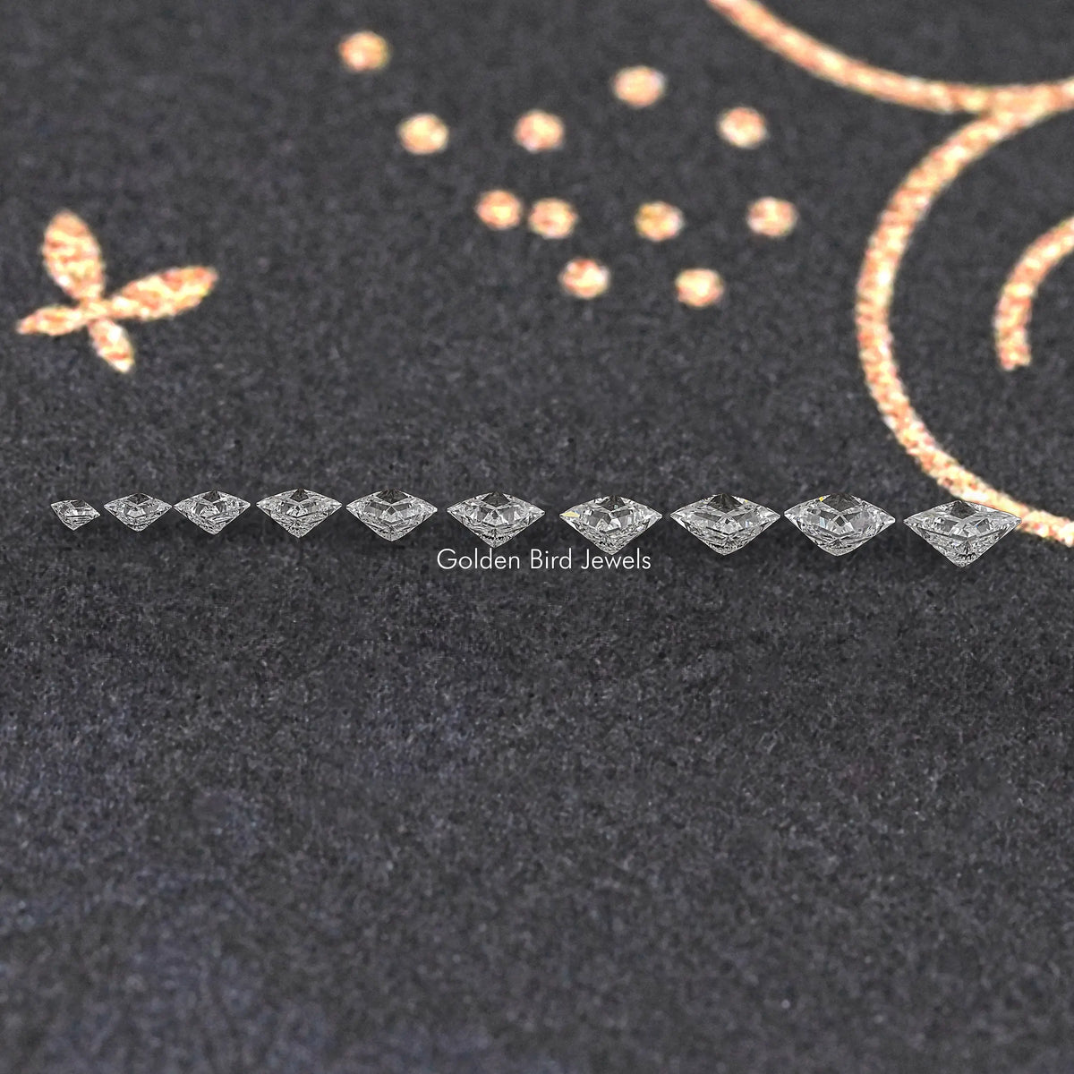 Line of princess-cut lab-grown diamonds, loose and sparkling on dark felt