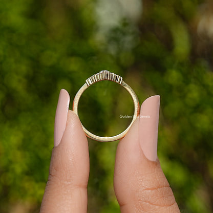 Yellow gold chevron V moissanite ring from the back, open band view