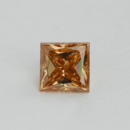 Princess-cut loose moissanite gemstone, golden-brown square stone with faceted sparkle