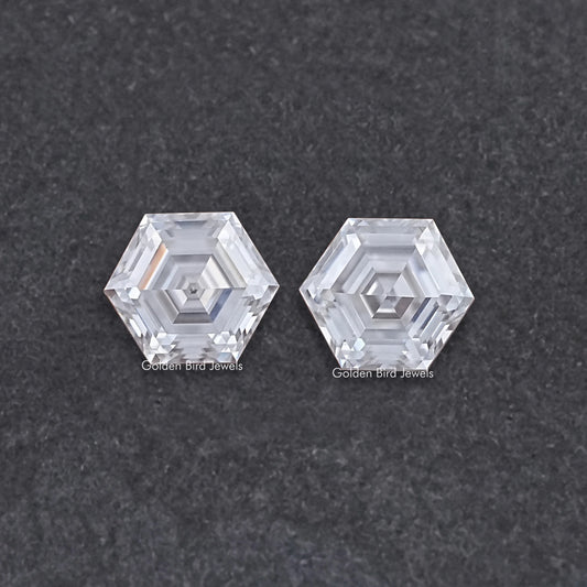 Loose pair of faceted hexagon-cut moissanite stones, bright and clear