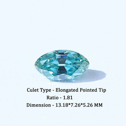 Loose cyan blue gemstone with elongated pointed tip and faceted cut