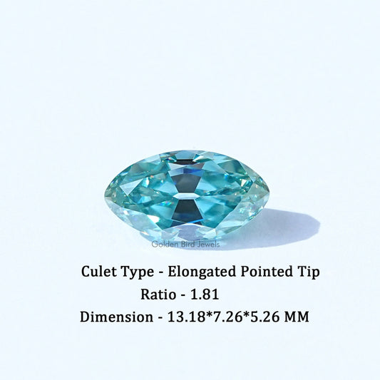 Loose cyan blue gemstone with elongated pointed tip and faceted cut