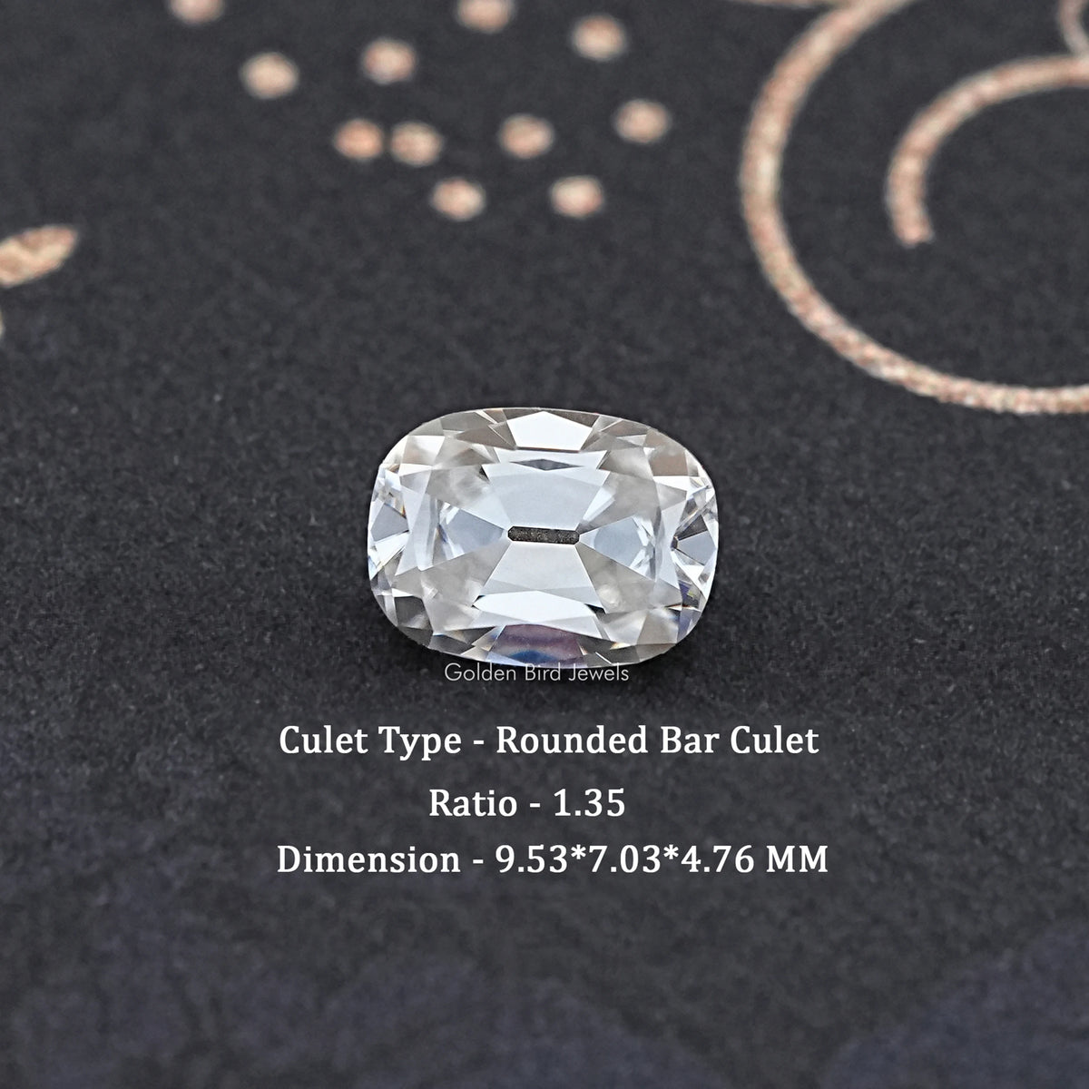 Cushion-cut moissanite loose stone, clear white, rounded bar culet