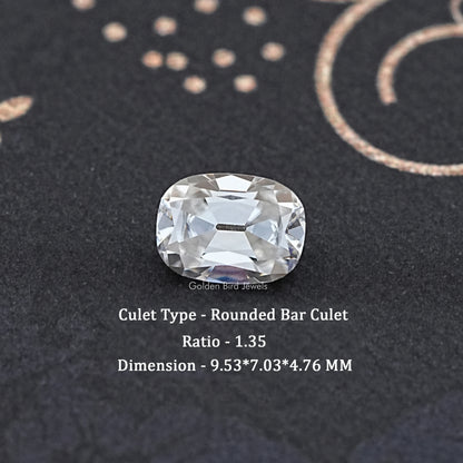 Cushion-cut moissanite loose stone, clear white, rounded bar culet