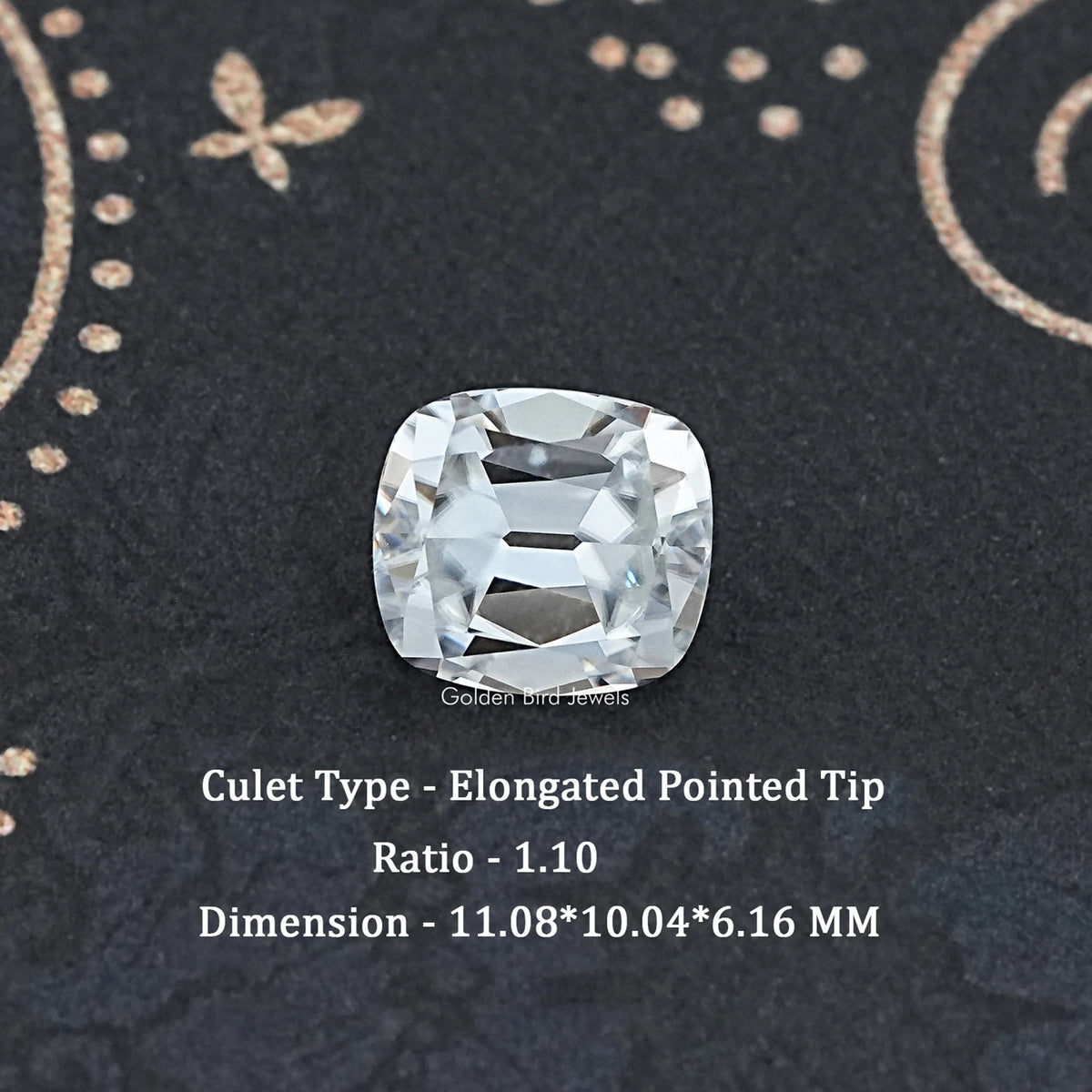 Loose cushion-cut moissanite gemstone with faceted elongated pointed center