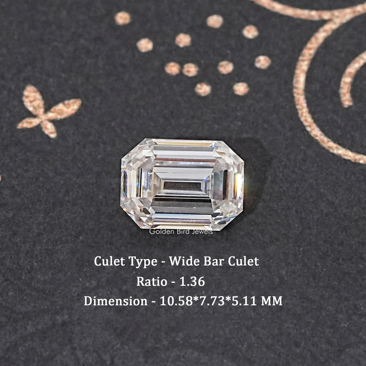 Loose emerald-cut moissanite gemstone, clear stone with stepped facets