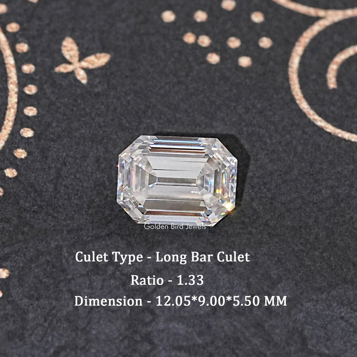 Emerald-cut loose moissanite gemstone with long bar culet, clear colorless stone