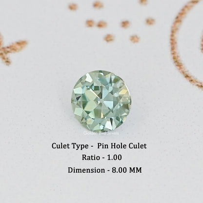 Round light cyan moissanite gemstone, pin hole culet, 8mm