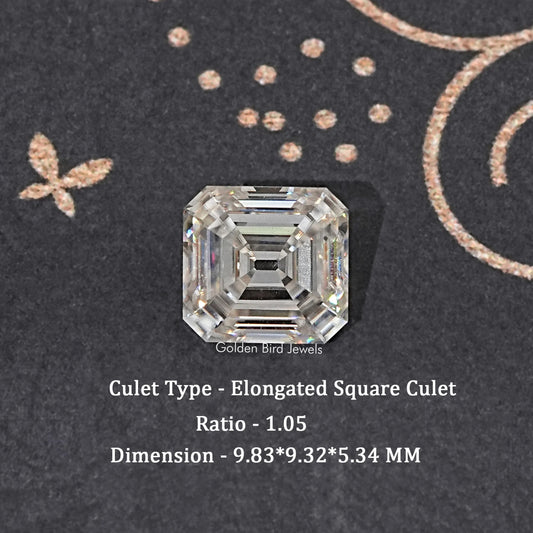 Loose off-white elongated square moissanite gemstone, Asscher-style faceted cut