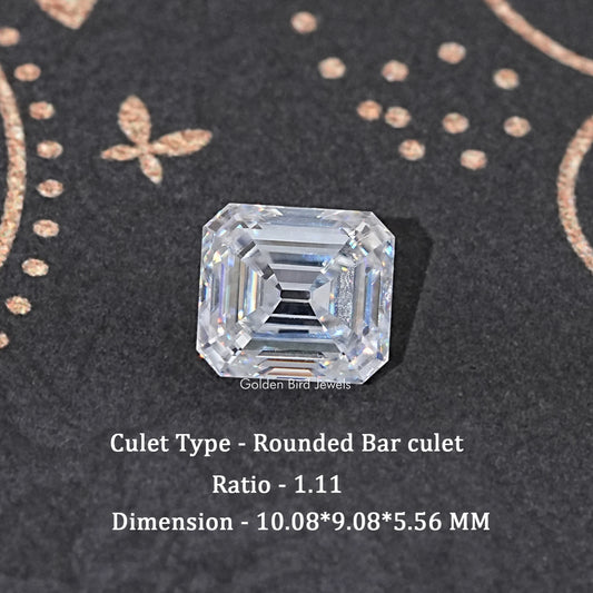 Colorless moissanite gemstone, square Asscher step-cut with faceted edges