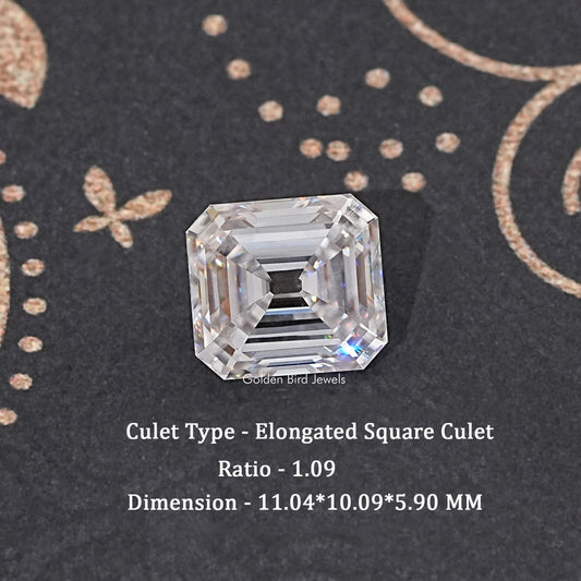 Loose elongated square moissanite gemstone with clear faceted surface