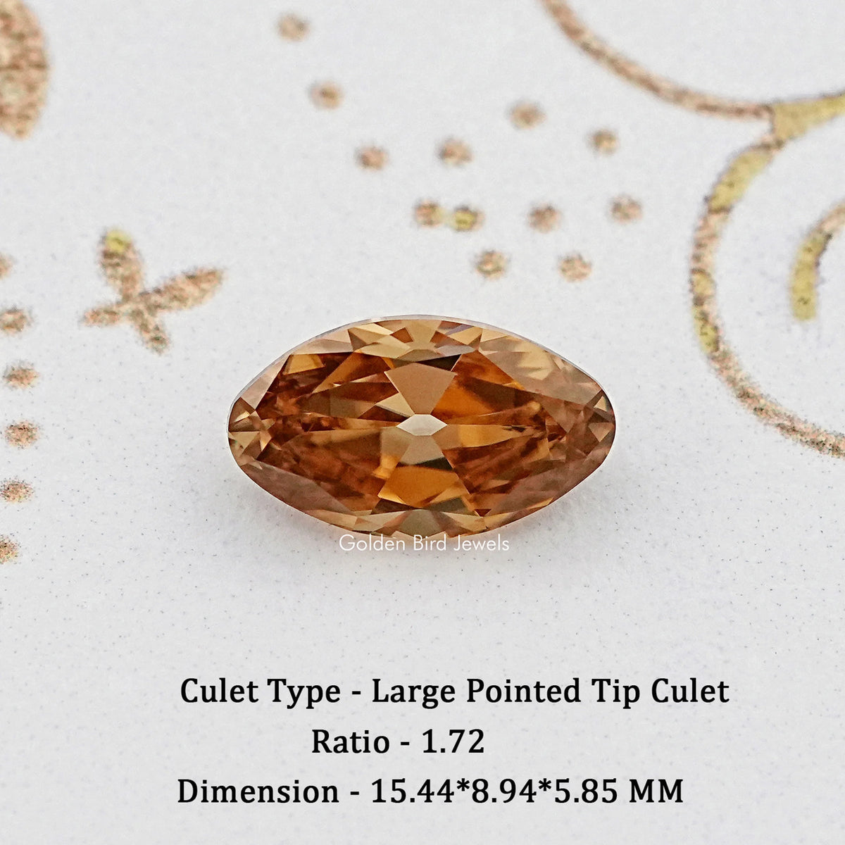 Oval champagne moissanite gemstone with faceted cut and pointed culet tip